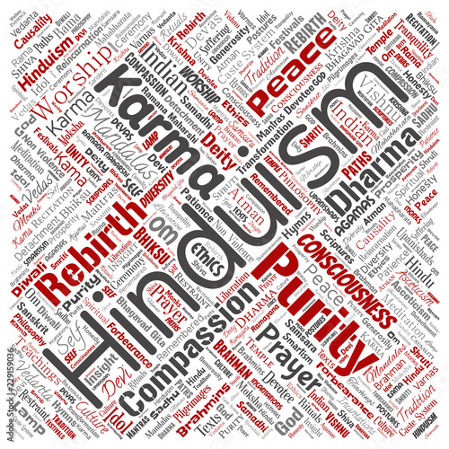Vector conceptual hinduism, shiva, rama, yoga square red word cloud isolated background. Collage of mandalas, samsara, celebration, tradition, peace, compassion, rebirth, karma, dharma concept
