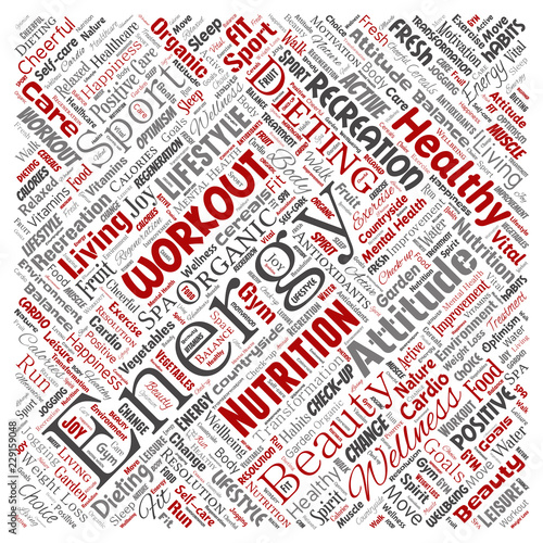 Vector conceptual healthy living positive nutrition sport square red word cloud isolated background. Collage of happiness care, organic, recreation workout, beauty, vital healthcare spa concept