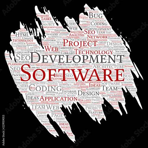 Vector conceptual software development project coding technology paint brush paper word cloud isolated background. Collage of application web design, seo ideas, implementation, testing upgrade concept