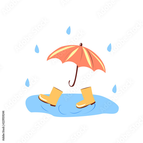 red umbrella and yellow boots in a puddle