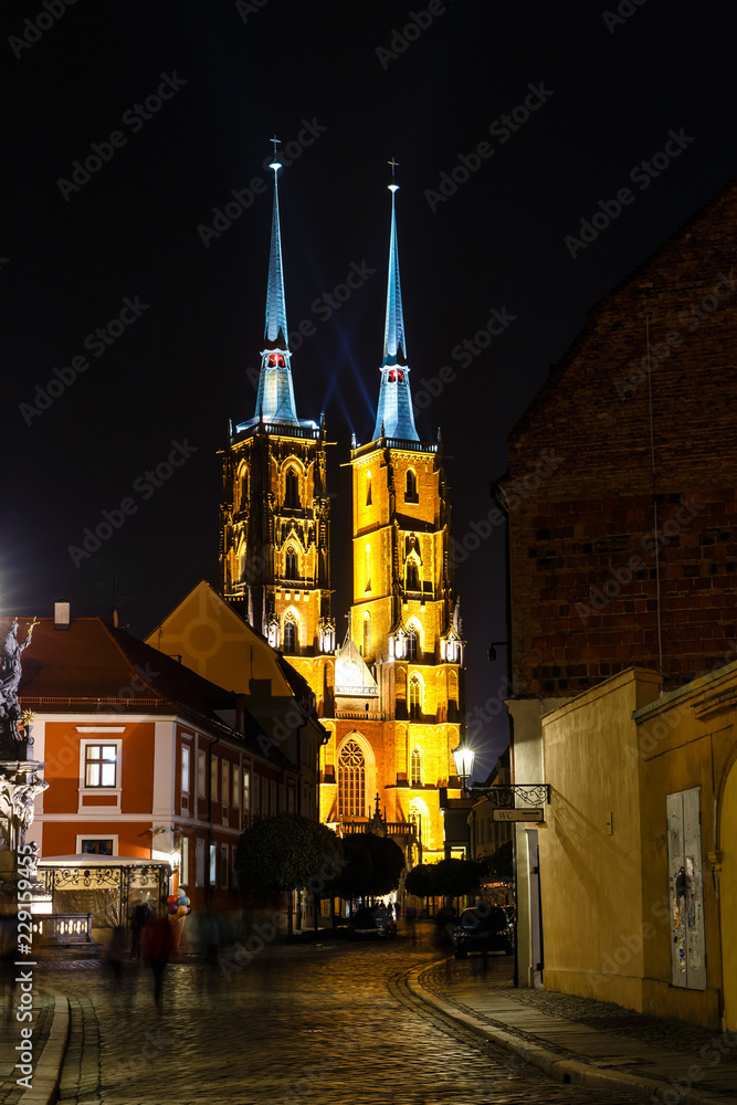 Fototapeta premium Night view of cathedral of saint john the baptist in Wroclaw, Poland