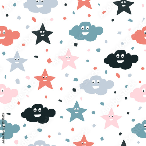 Abstract handmade seamless pattern. Childish craft wallpaper for birthday card, baby nappy, school party advertising, shop sale poster, holiday wrapping paper, textile, bag print, t shirt etc.