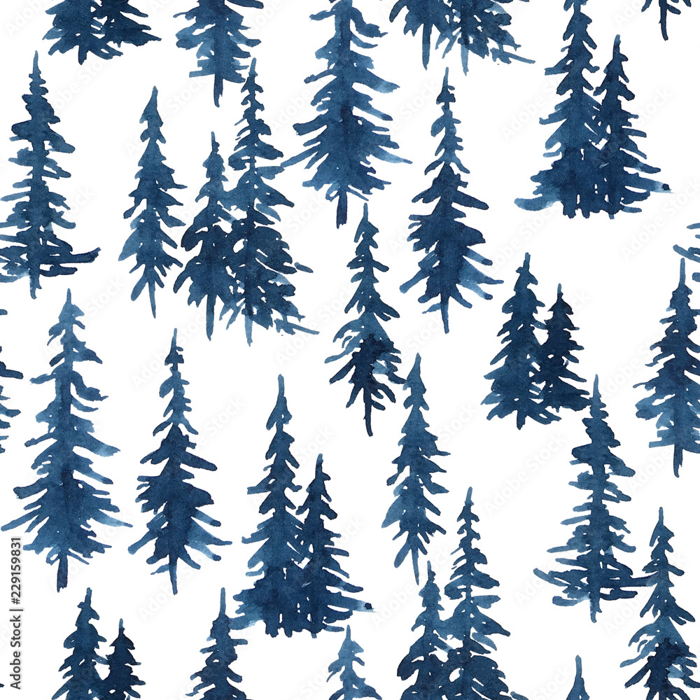 Watercolor indigo blue pine trees. Christmas and New Year seamless pattern
