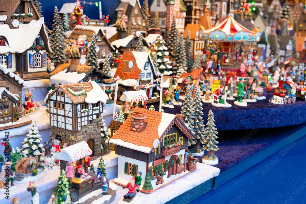 Christmas market kiosk details - coloful traditional german winter houses