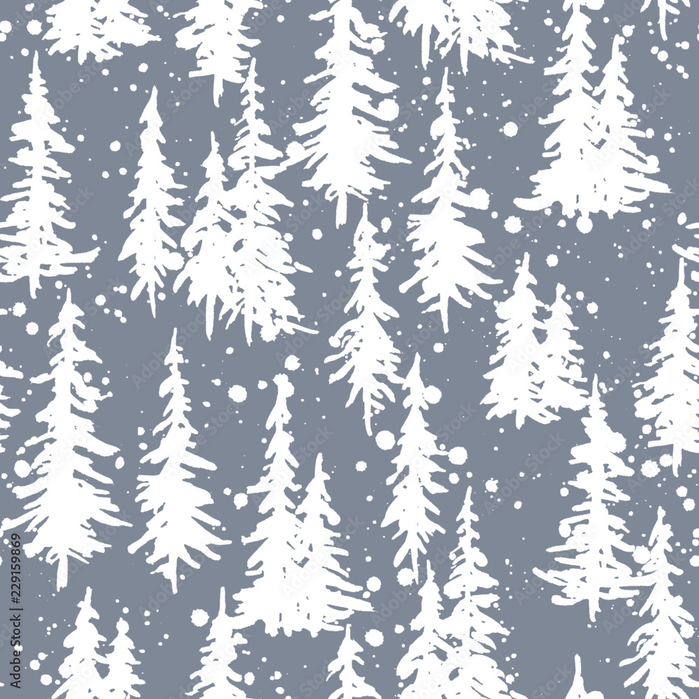 Christmas and New Year seamless pattern with pines and snowfall