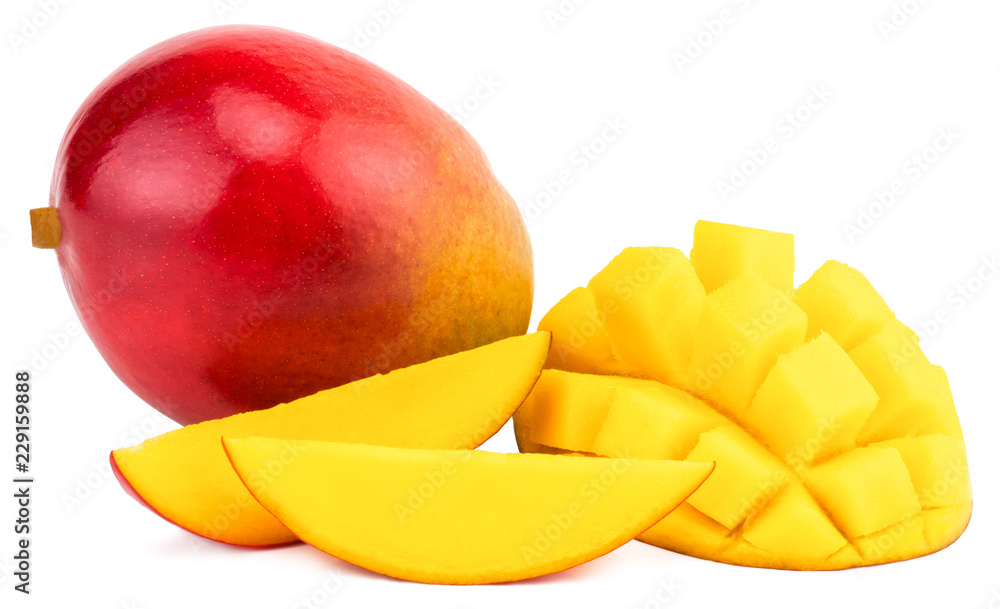 Mango fruit with mango cubes and slices. Isolated on a white background Mango fruit with mango cubes and slices. Isolated on a white background