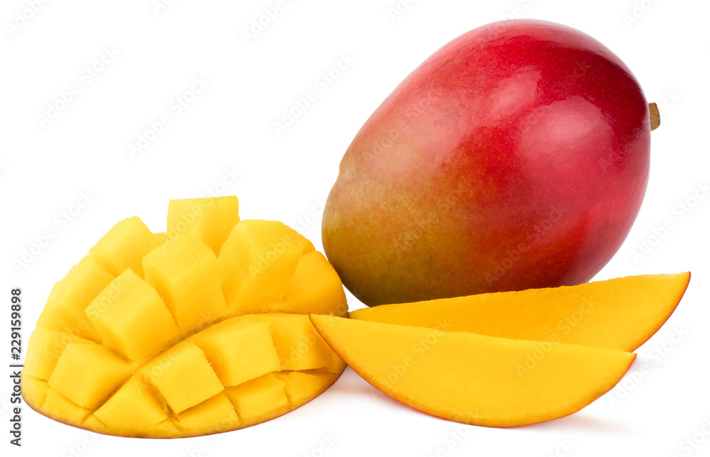 Mango fruit with mango cubes and slices. Isolated on a white background Mango fruit with mango cubes and slices. Isolated on a white background