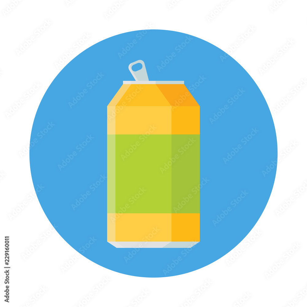 Lemonade in aluminum can flat icon solated on blue background. Simple opened soda can in flat style, vector illustration. Lemonade in aluminum can flat icon solated on blue background. Simple opened soda can in flat style, vector illustration.