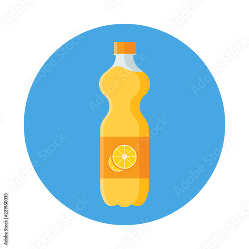 Orange Juice in plastic bottle flat icon isolated on blue background. Simple fruit juice in flat style, vector illustration.