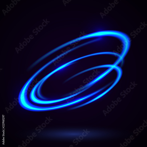 Vector light effect. The object s light stroke. Circular lens flare. Abstract rotational lines. Power energy element. Luminous sci-fi. Shining neon lights cosmic abstract frame. Magic round frame.