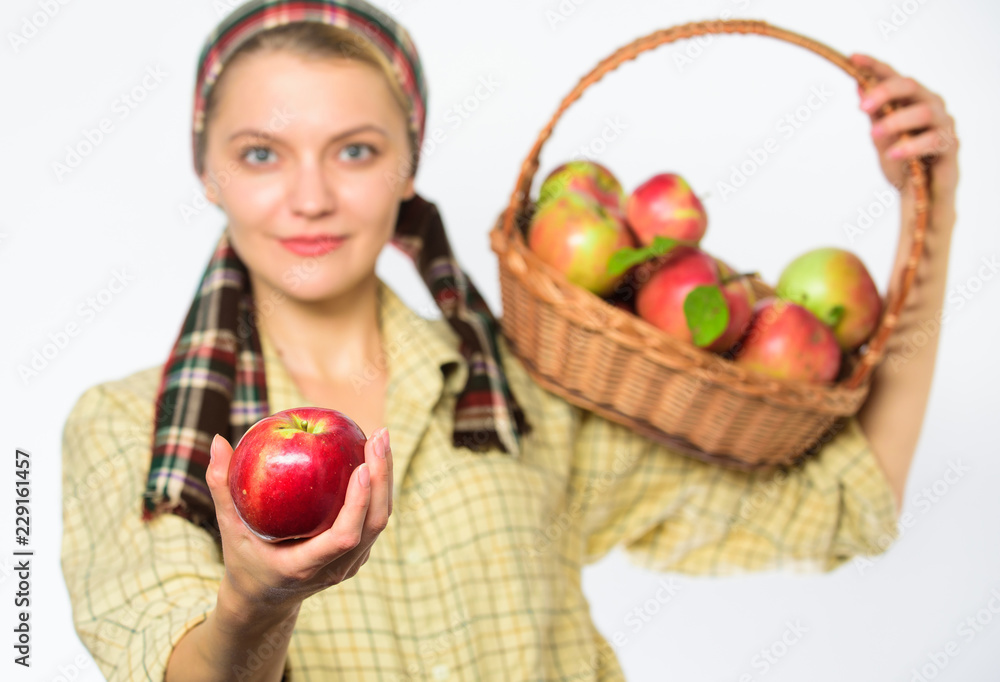 Woman gardener rustic style offer you apple on white background selective focus. Lady gardener proud of her harvest. Try this ripe juicy apple. Woman sincere villager carry basket with natural fruits Woman gardener rustic style offer you apple on white background selective focus. Lady gardener proud of her harvest. Try this ripe juicy apple. Woman sincere villager carry basket with natural fruits