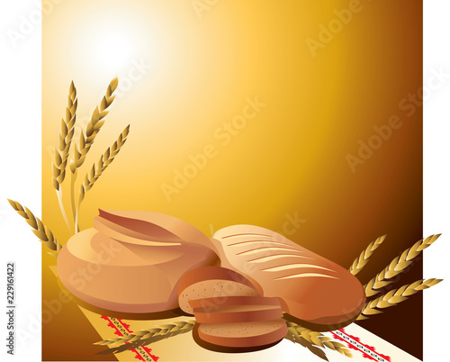 Bread and loaf on a brown background with spikelets.