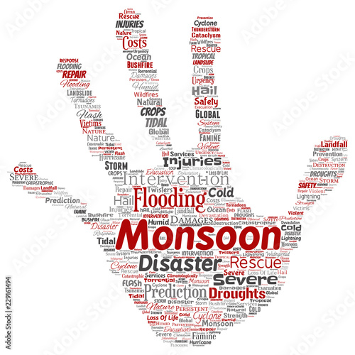 Vector conceptual monsoon dangerous weather hand print stamp meteorology word cloud isolated background. Collage of tropical dramatic storm force, strong wind blowing, rain hail thunderstorm concept