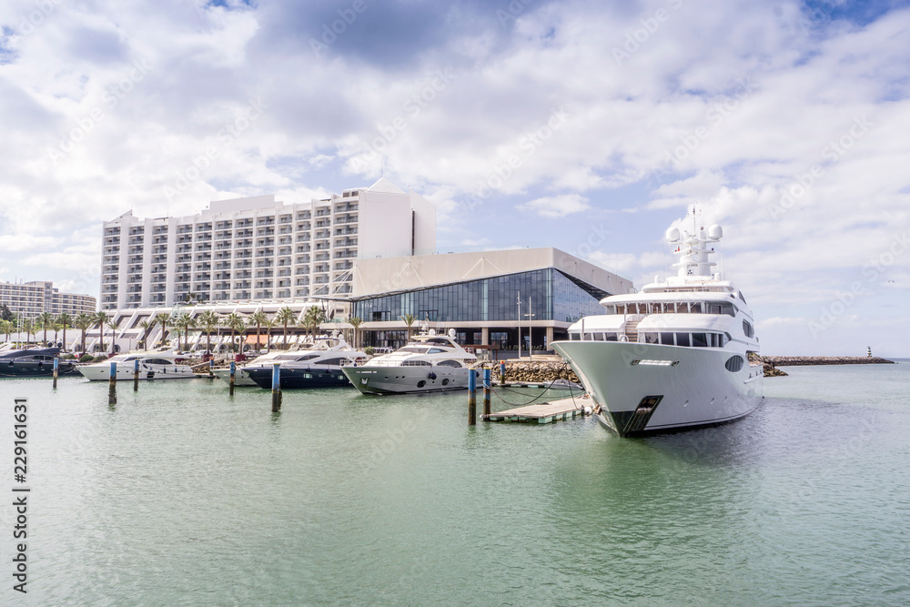 Vilamoura waterfront view with hotels and yachts, Portugal