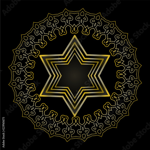 Star of David on black background. Isolated jewish religious motif. Golden David star in circle frame with antiquarian embossed floral ornament. Vector illustration