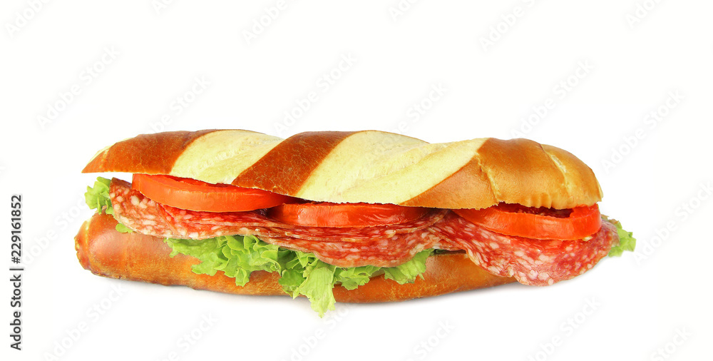 Laugenstange mit Salami, Tomaten und Salat Stock-Foto | Adobe Stock