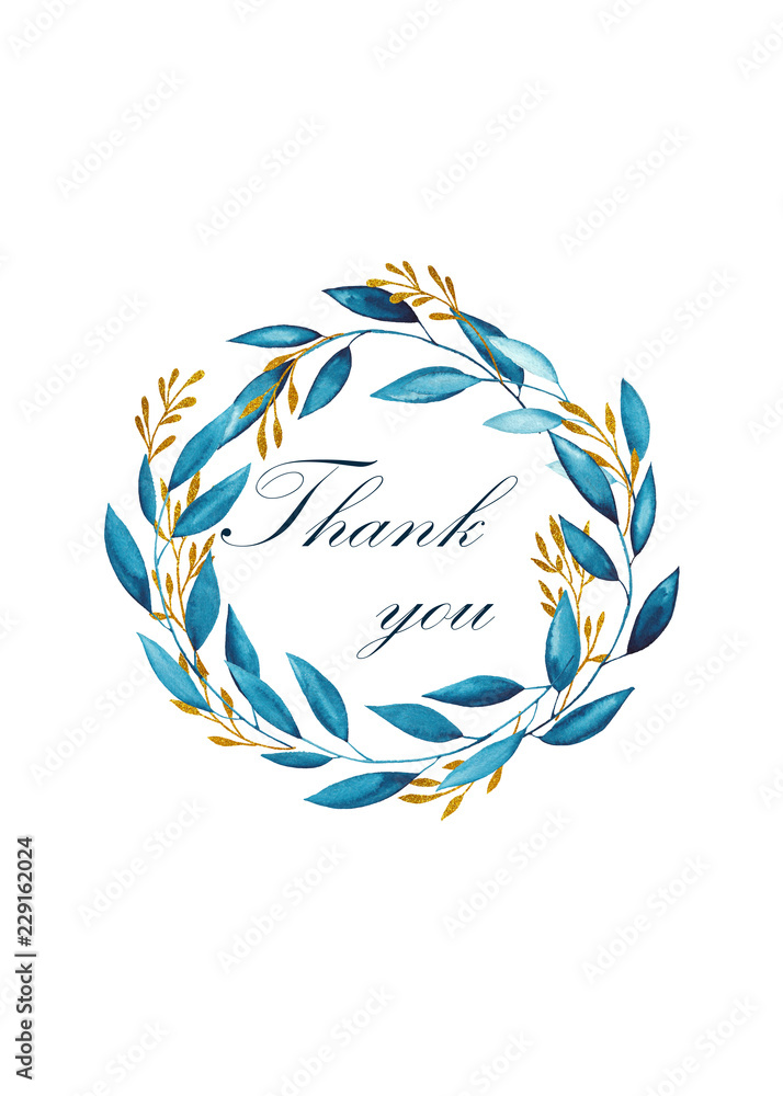 Watercolor wreath of blue branches and Golden branches with the silhouette of a deer and the words for thank you cards and invitations on white background Watercolor wreath of blue branches and Golden branches with the silhouette of a deer and the words for thank you cards and invitations on white background