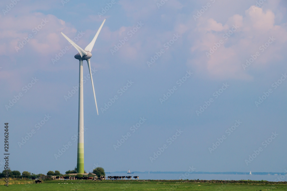 Wind turbine in a Dutch landscape against cloudy blue sky background. Sustainability concept. Wind turbine in a Dutch landscape against cloudy blue sky background. Sustainability concept.