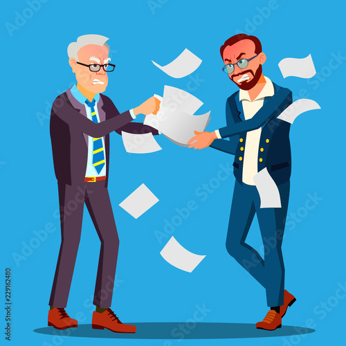 Two Businessmen Are Pulling Out A Contract From Hands Each Other Vector. Isolated Illustration