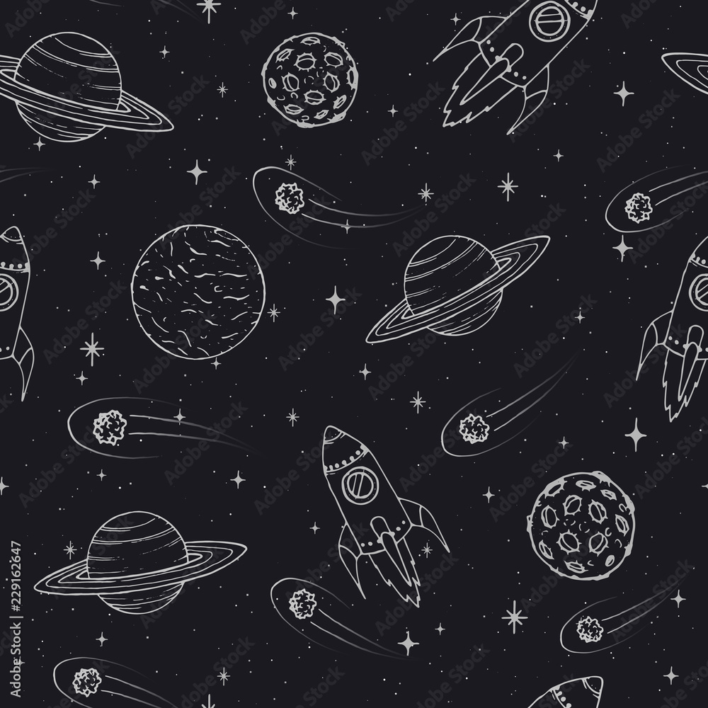 Vector Hand drawn seamless pattern with Jupiter, Mars, Saturn, Neptune planets, moon and flying rockets on the starry background. Space elements outline.