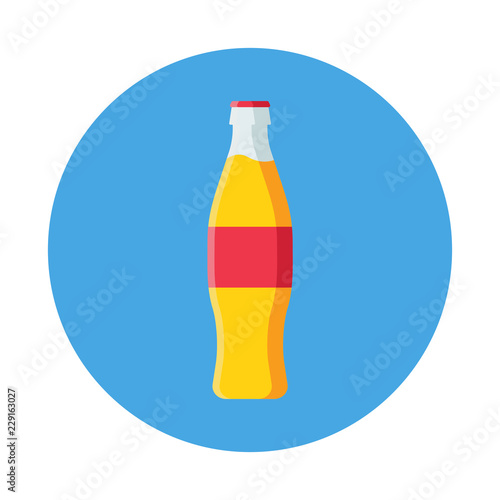 Soda with red lable flat icon with long shadow isolated on blue background. Simple glass bottle flat designed style, vector illustration.