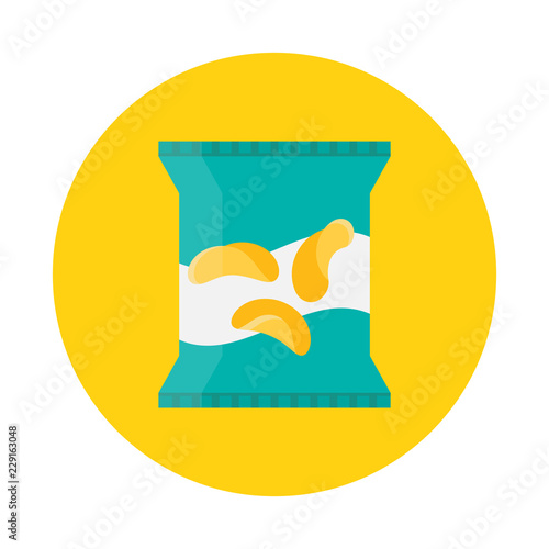 Packing of potato chips flat icon isolated on yellow background. Simple chips package in flat style, vector illustration. Can be used in banners, posters, restaurant and pub menu.