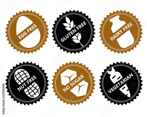 Set ingredient warning label icons. Common allergens gluten, dairy, egg, nuts, sugar , plus vegetarian signs. Illustration isolated on white background.
