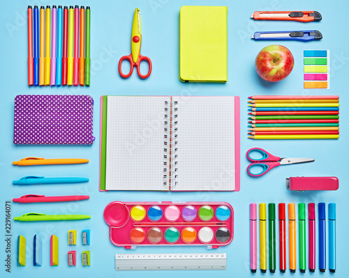 Composition lined with school supplies. flat lay