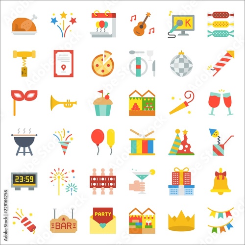 celebration new year Christmas party and  entertain event related icon such as karaoke,dinner table, barbecue grill,cheers glasses, party popper, countdown timer,surprise box.flat design