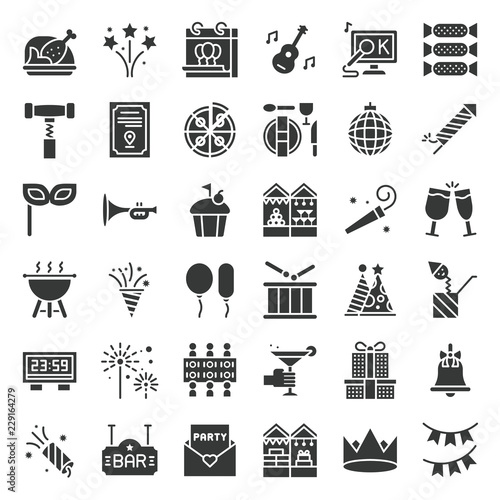 celebration new year Christmas party and  entertain event related icon such as karaoke,dinner table, barbecue grill,cheers glasses, party popper, countdown timer, draw lots,glyph design