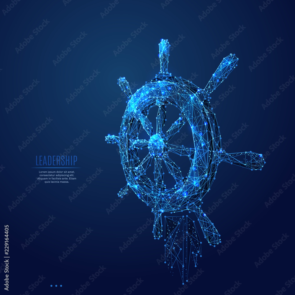 Naklejka premium Ship Wheel. Polygonal abstract travel or business illustration. Low poly blue vector illustration of a starry sky or Cosmos. Vector image in RGB Color mode. Leadership concept