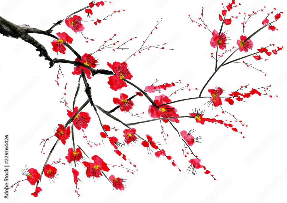 Fototapeta premium A branch of a blossoming tree. Pink and red stylized flowers of plum mei, wild apricots and sakura . Watercolor and ink illustration in style sumi-e, u-sin. Oriental traditional painting.