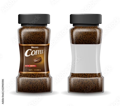 Instant coffee glass jar with coffee granules. Product package template design isolated on white. Vector 3d illustration