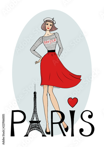 young woman travel in paris vector sketch on white