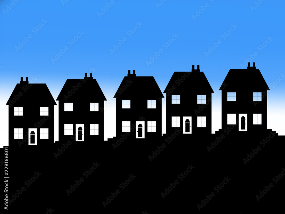 Five Houses Silhouetted against a blue sky