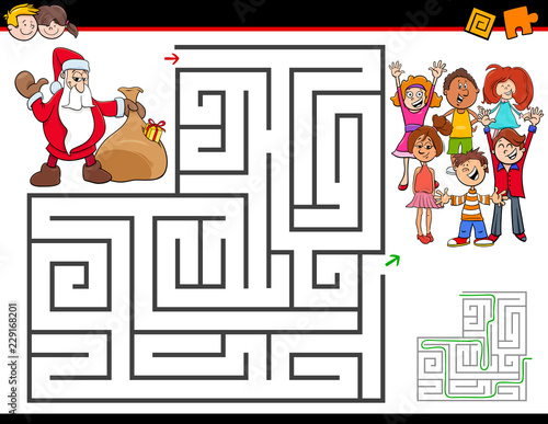 cartoon maze activity with Santa Claus