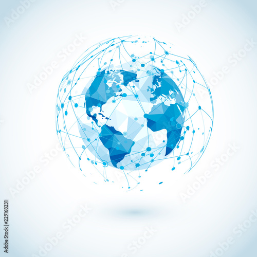 Global network connection. Low Polygonal World map with abstract digital communications. Dots and lines World Wide Web structure. Vector Illustration