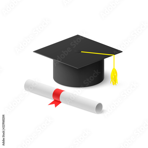 Realistic graduation hat and rolled diploma with red ribbon. Vector illustration isolated on white background