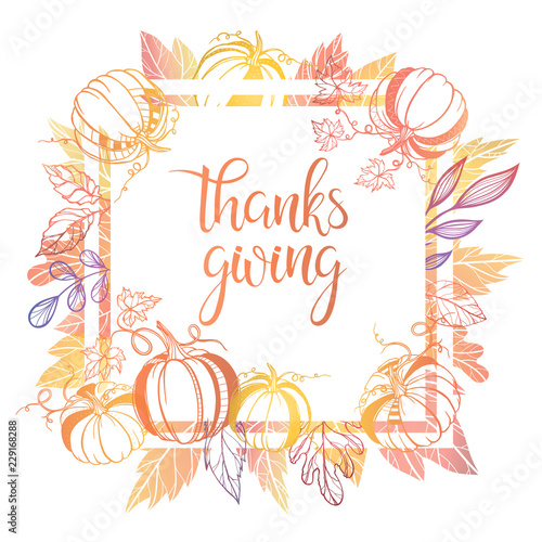 Thanksgiving typography.Hand painted lettering with stylized pumpkins and leaves in fall colors perfect for Thanksgiving Day.Thanksgiving design for cards, prints and so much more.