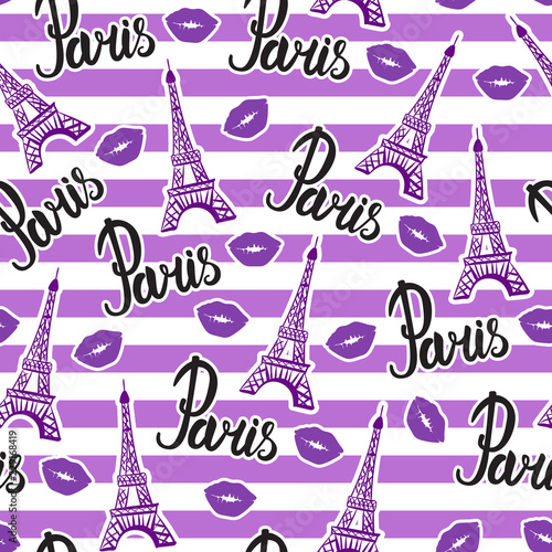 Bright design print fabric. Seamless pattern. Illustration purple ink Eiffel Tower and kiss lips. Abstract ornament hand drawing. Vector illustration is isolated on a purple white striped