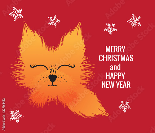 Merry Christmas and Happy New Year card with orange cute fox fluff Vector illustration isolated on red background.