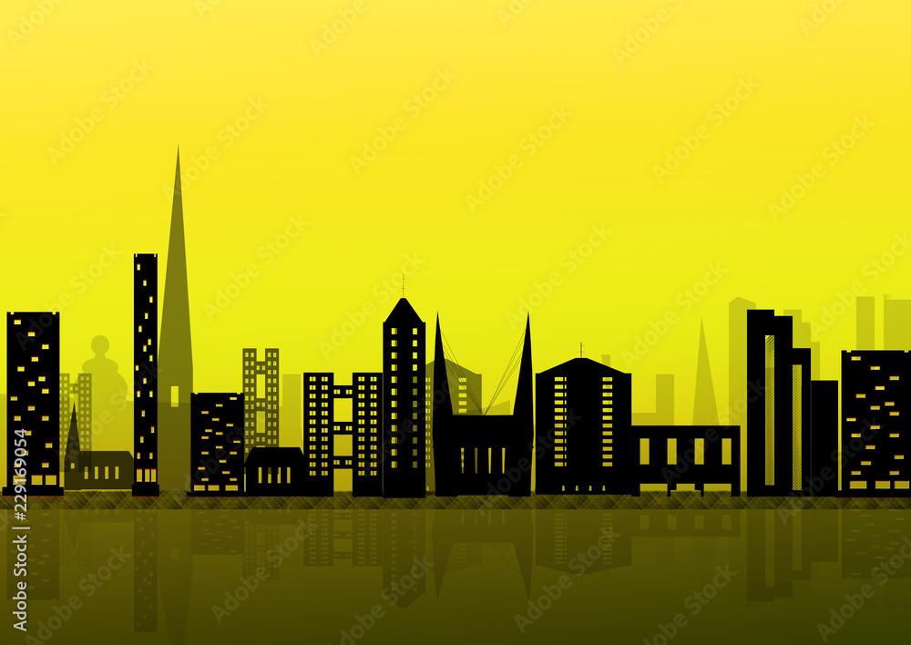 City Skyline in yellow and black with copy space and reflection