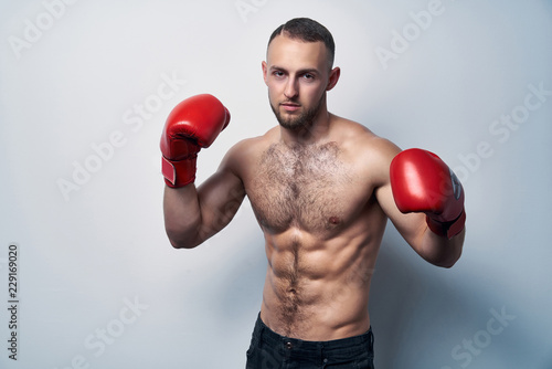 Muscular shirtless man wearing box gloves ready to struggle, looking at camera © paffy