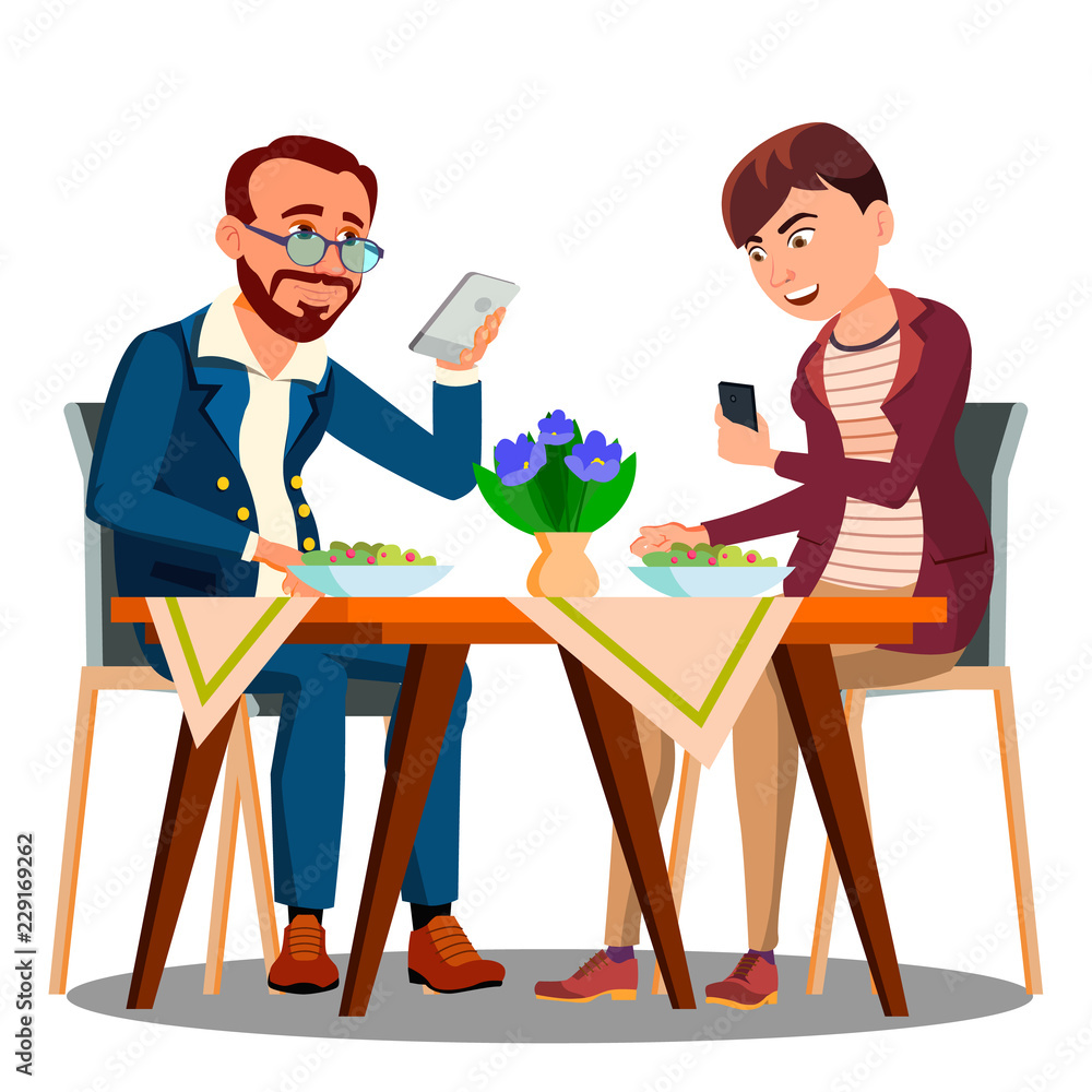 Business Lunch, Two People At The Table Looking In Their Phone Vector. Isolated Illustration Business Lunch, Two People At The Table Looking In Their Phone Vector. Isolated Illustration