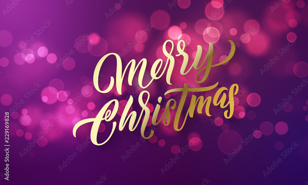 Christmas lettering and Xmas holiday sparkling flares background. Vector Merry Christmas greeting card