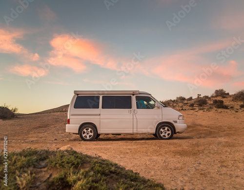 Obraz na płótnie Family camper van parked on beach in Fuerteventura, Spain. w salonie