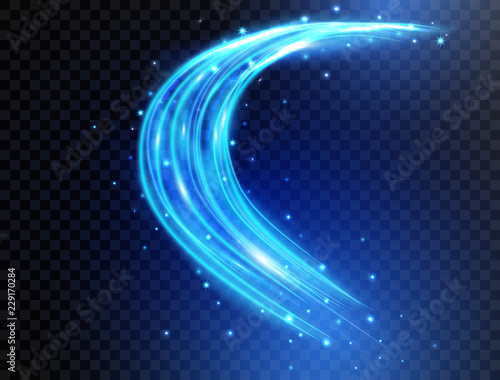 Blue light curves with sparkles isolated on transparent background. Swirl trail effect. Futuristic waves in speed motion. Magic neon light. Vector illustration