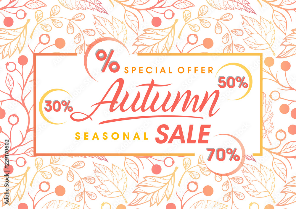 Autumn special offer banner.Hand drawn lettering autumn with seamless pattern in fall colors.Sale season card perfect for prints,flyers,banners,promotion,special offer and more.Vector autumn promo.