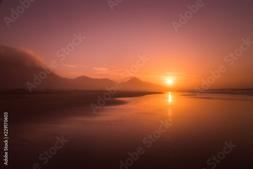 Silhouette of a lonely beach during sunset in Fuerteventura  Canary Islands.