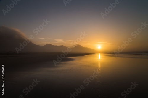 Lovely sundown silhouette of tropical Cofete beach in Fuerteventura, Canary Islands.